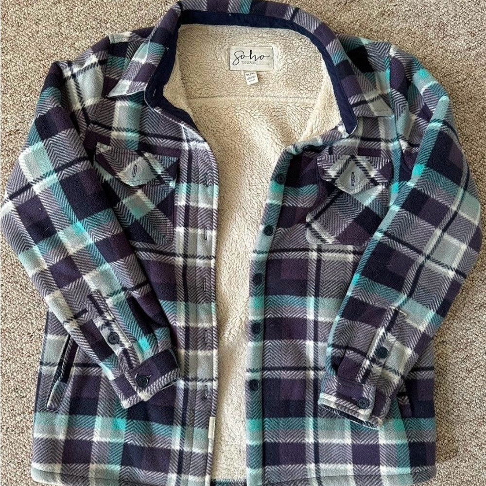 Plaid Fleece Jackets Plush Sherpa Lined Shirt Jacket With Pockets size L
